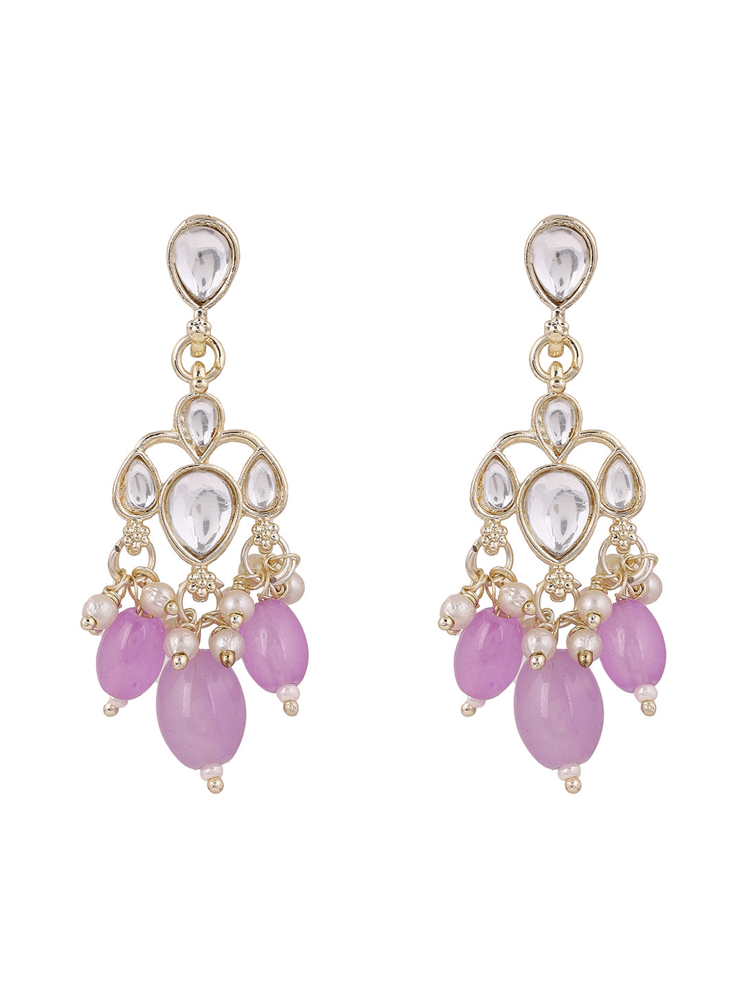 Ishin Lavender Beads Kundan Drop Push Back Gold Plated Earrings