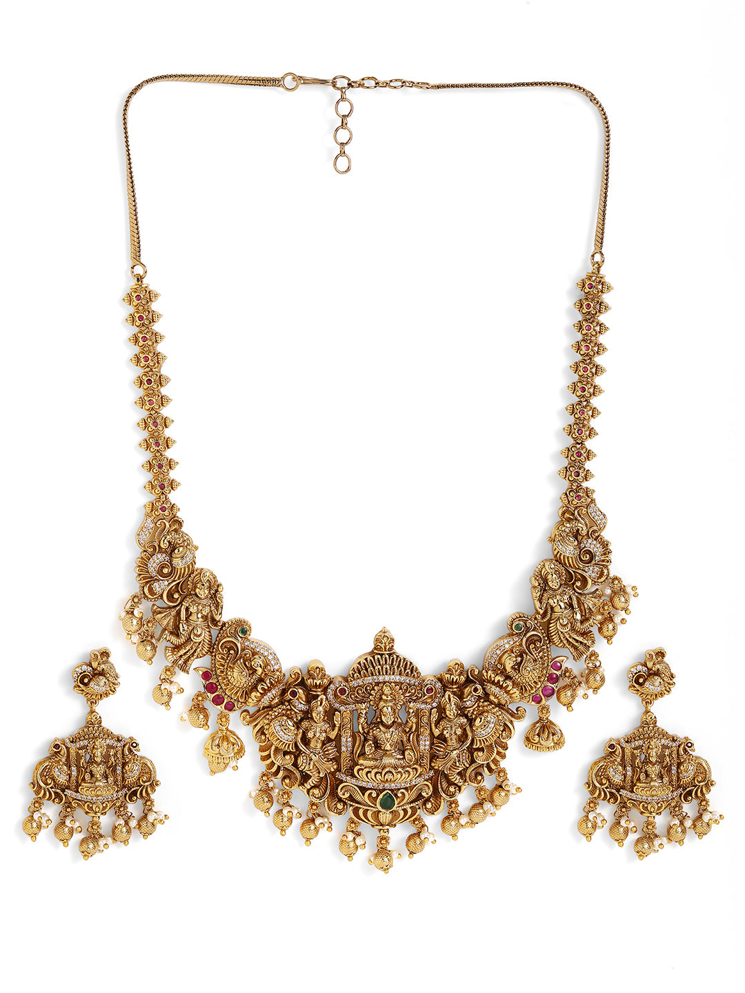 Ishin Green Stoned Goddess Pattern Pearl Beads Gold Plated Necklace and Drop Earrings Jewellery Set