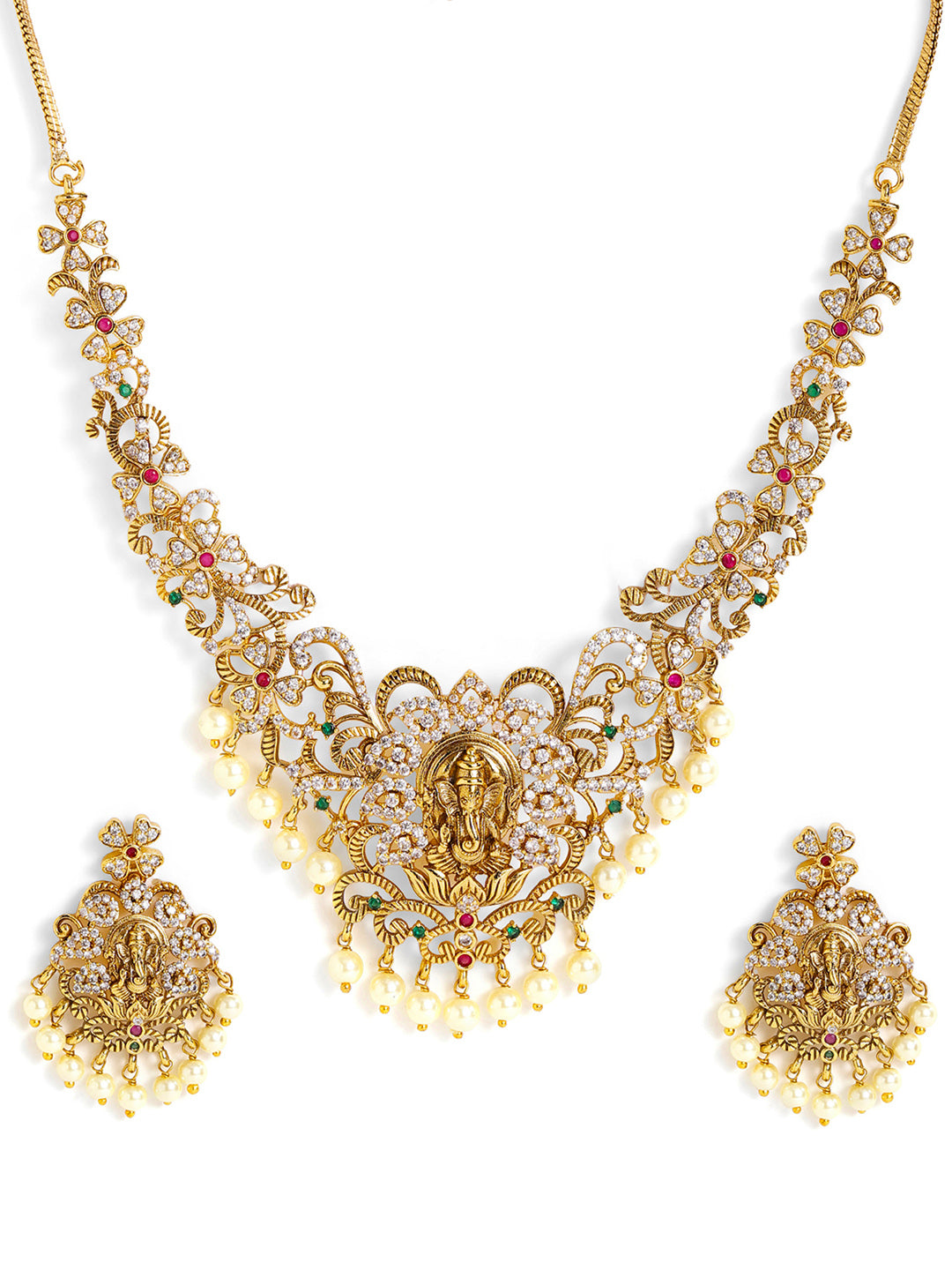 Ishin Goddess Pattern Floral Elegance Gold Plated Mint Beads Necklace and Drop Earrings Jewellery Set