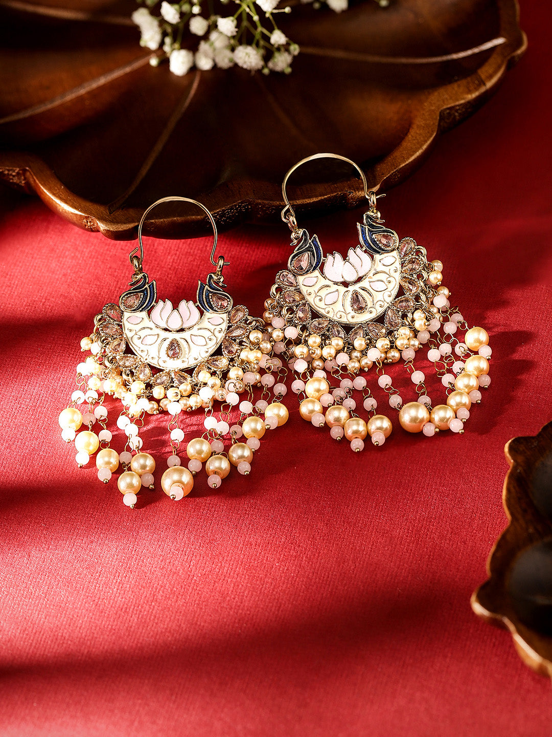 Ishin Pink Elegance Peacock Pattern Meenakari Design Gold Plated Earrings
