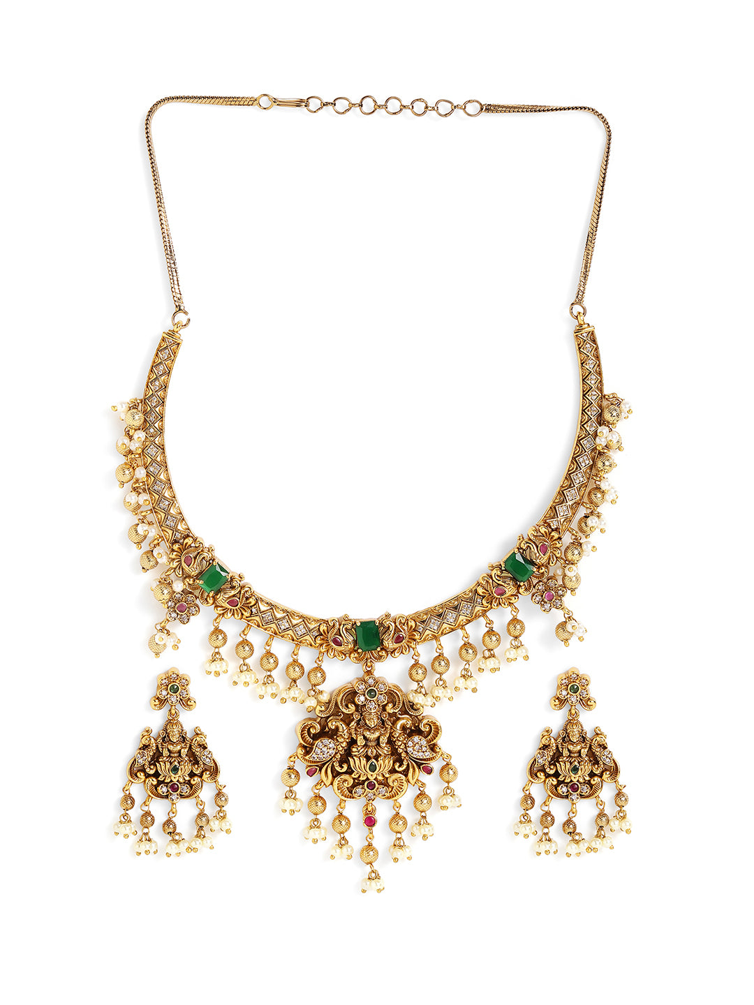 Green Stoned Goddess Pattern Pearl Beads Gold Plated Necklace and Drop Earrings Jewellery Set