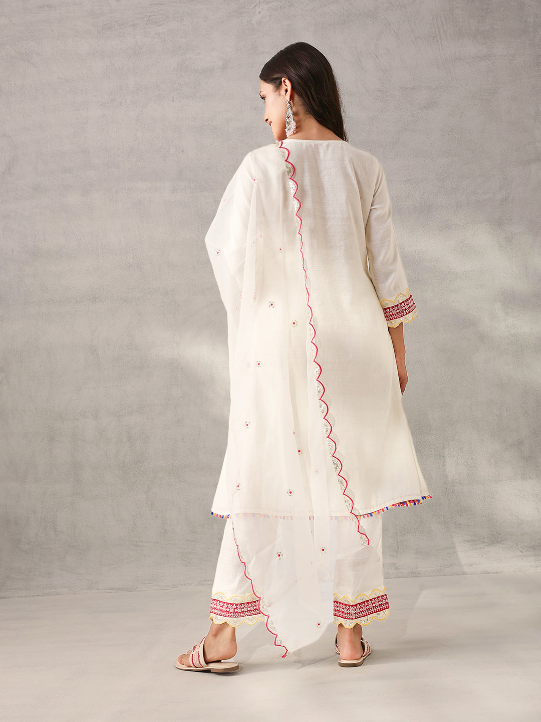 Soft White Viscose Silk Embroidered Straight Fit Kurta Set with Dupatta
