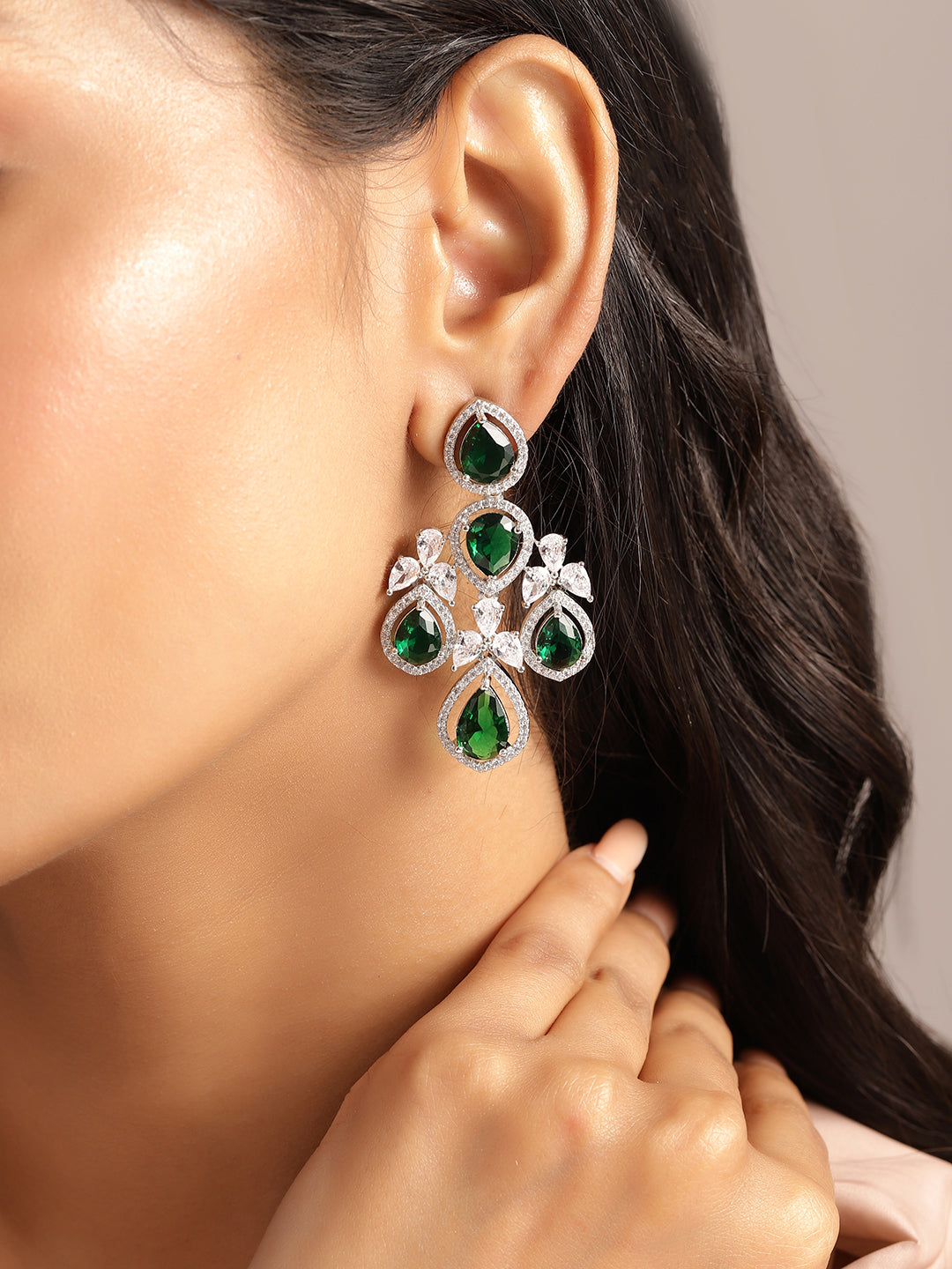 Ishin Green Colour Silver Plated American Diamond Jewellery Set
