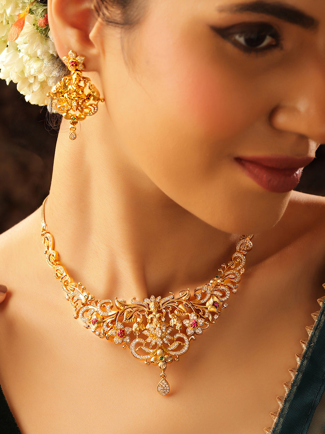 Ishin AD Elegance Gold Plated Floral Embrace Necklace and drop earrings Jewellery Set