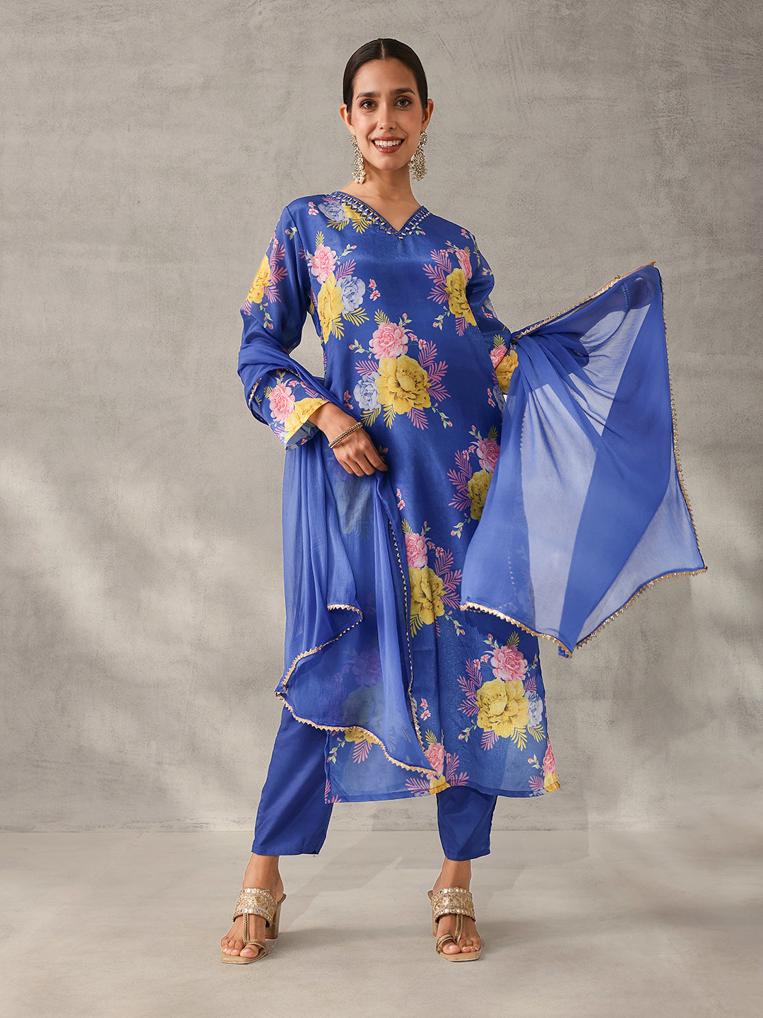 Soft Blue Chinon Floral Printed straight fit Kurta Set with Dupatta