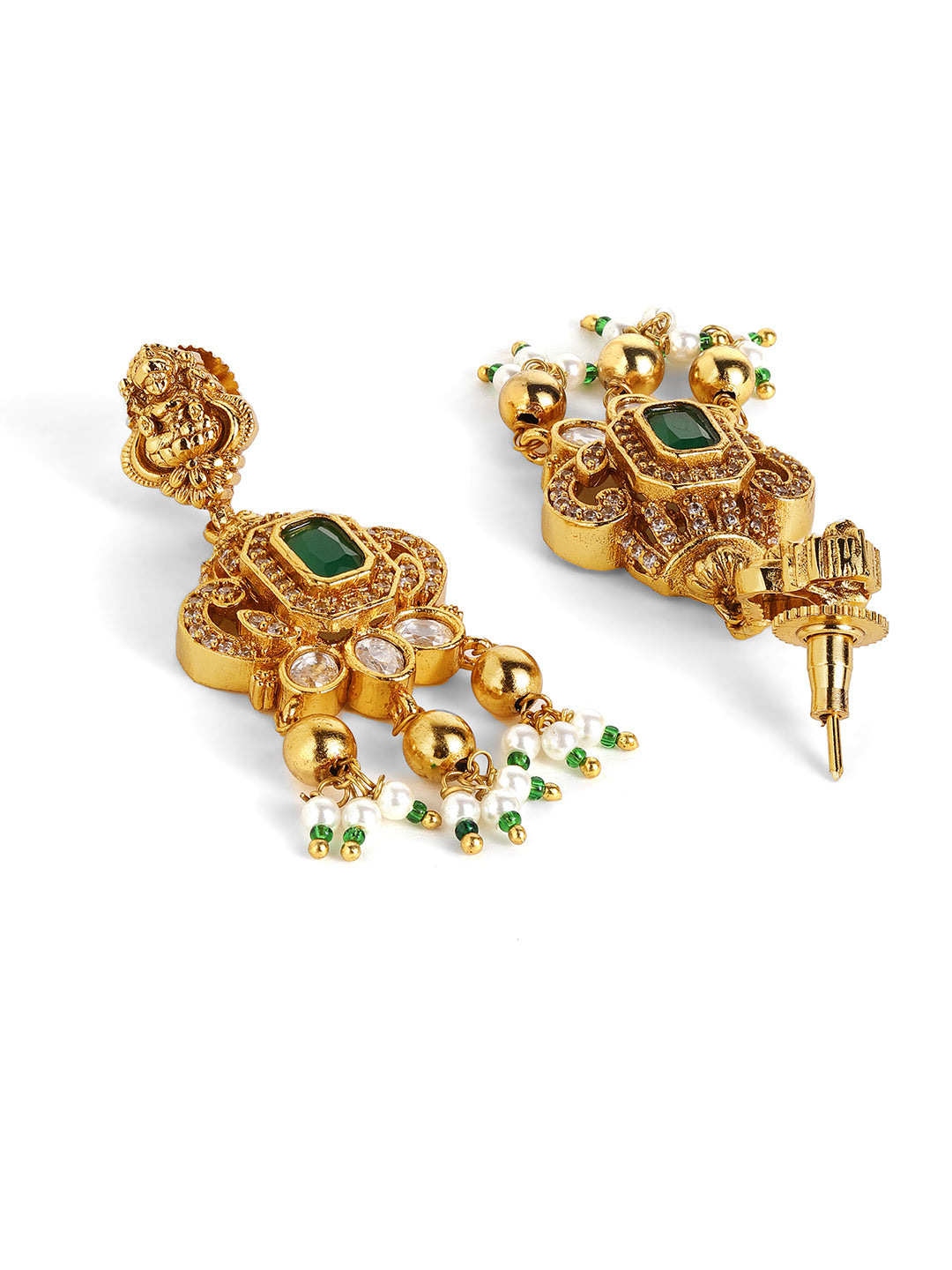 Ishin Goddess And Twin Elephant Elegance Gold Plated AD Necklace and Drop Earrings Jewellery Set