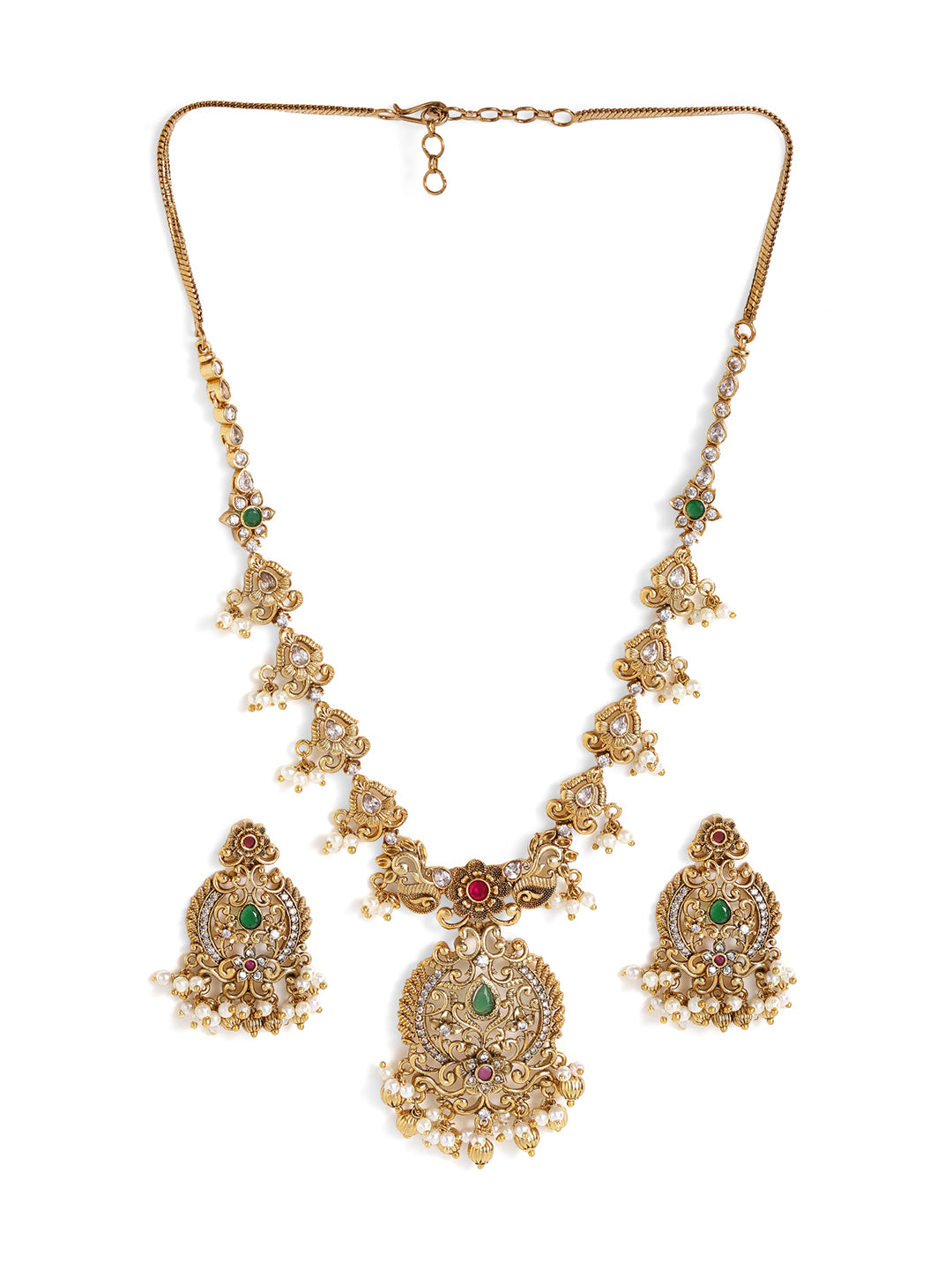 Ishin Goddess Elegance Temple Style Gold Plated Drop Earrings Jewellery Set