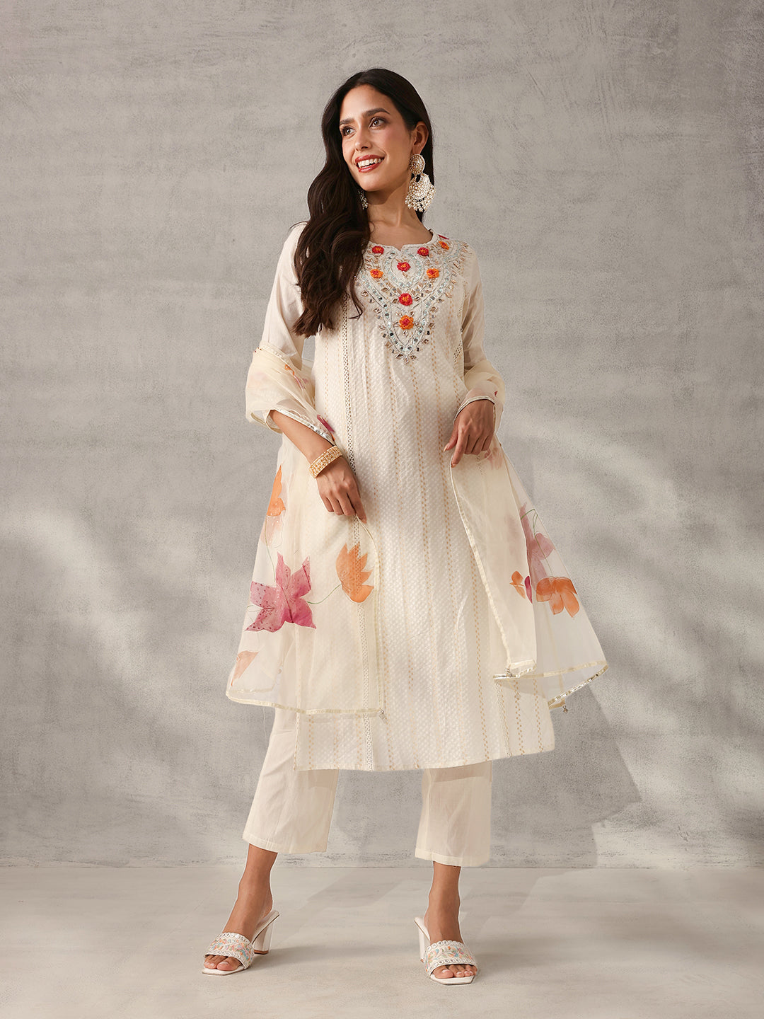Graceful Off-White Cotton Embroidered straight fit Kurta Set with Hand-Painted Dupatta