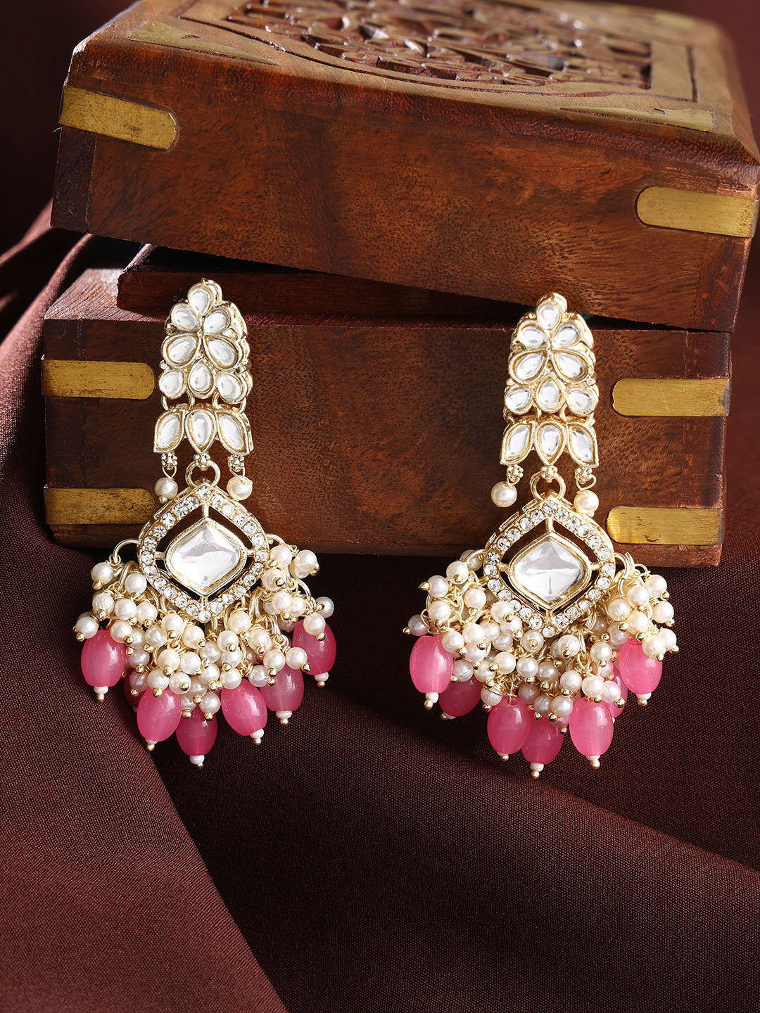 Ishin Geometric Elegance Kundan Gold Plated Pearl Pink Beads Drop Earrings
