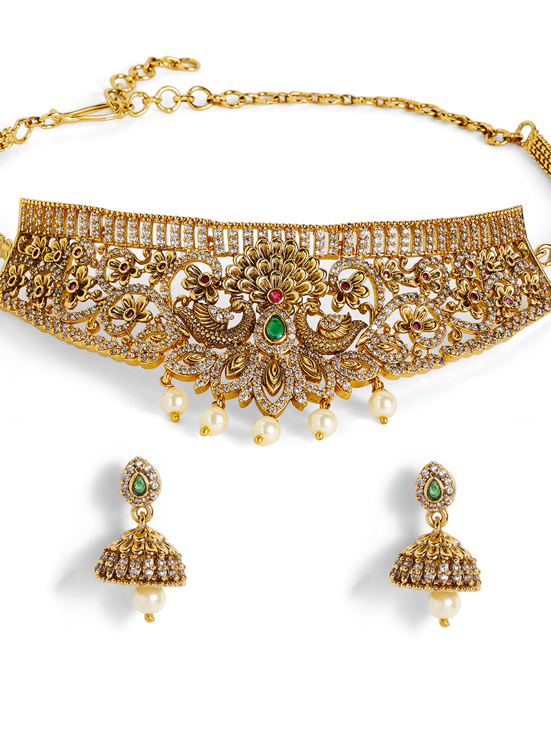 Ishin Floral Elegance Goddess Gold-Plated Choker Necklace Drop Earrings Jewellery Set