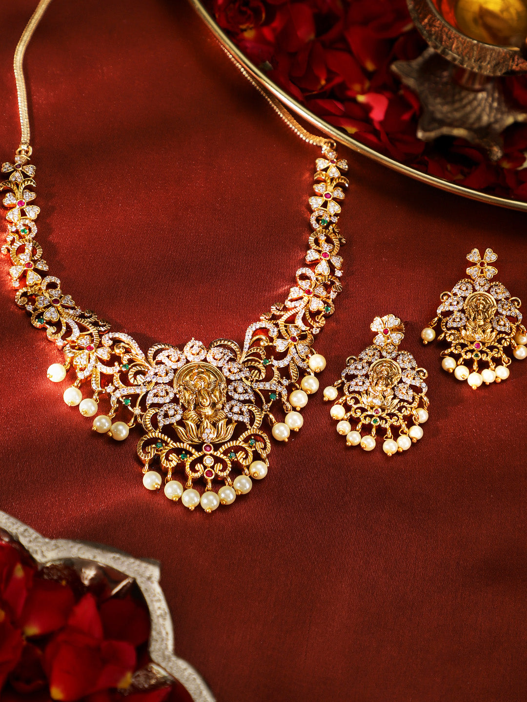 Ishin Goddess Pattern Floral Elegance Gold Plated Mint Beads Necklace and Drop Earrings Jewellery Set