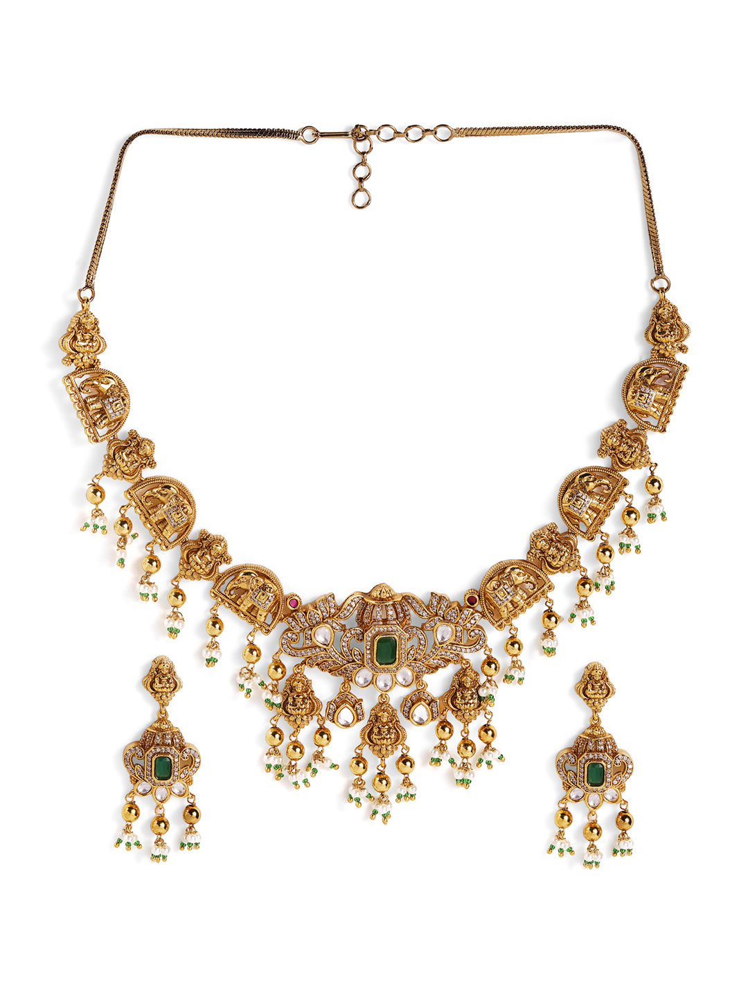 Ishin Goddess And Twin Elephant Elegance Gold Plated AD Necklace and Drop Earrings Jewellery Set