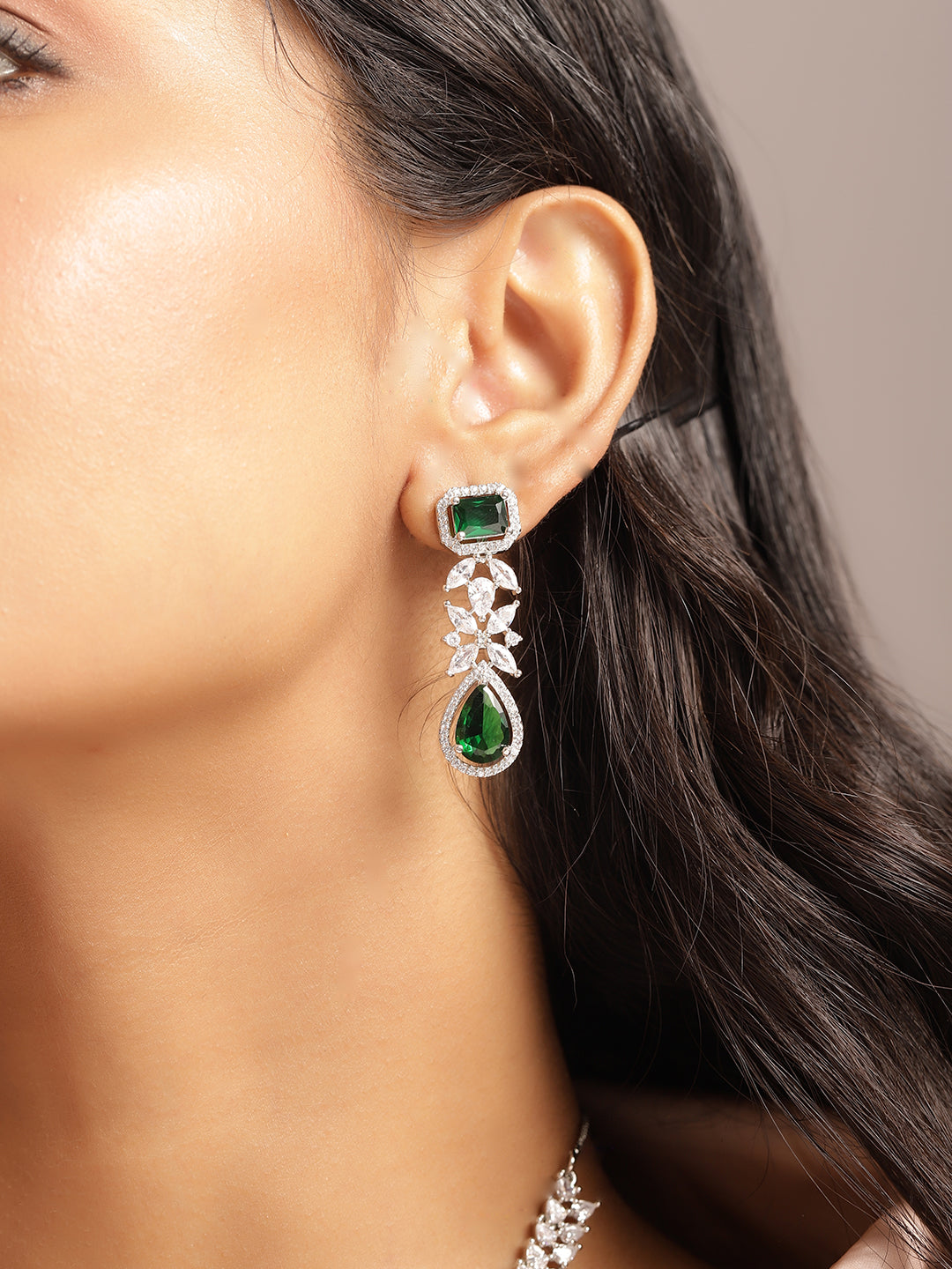 Ishin Green Colour Silver Plated American Diamond Jewellery Set
