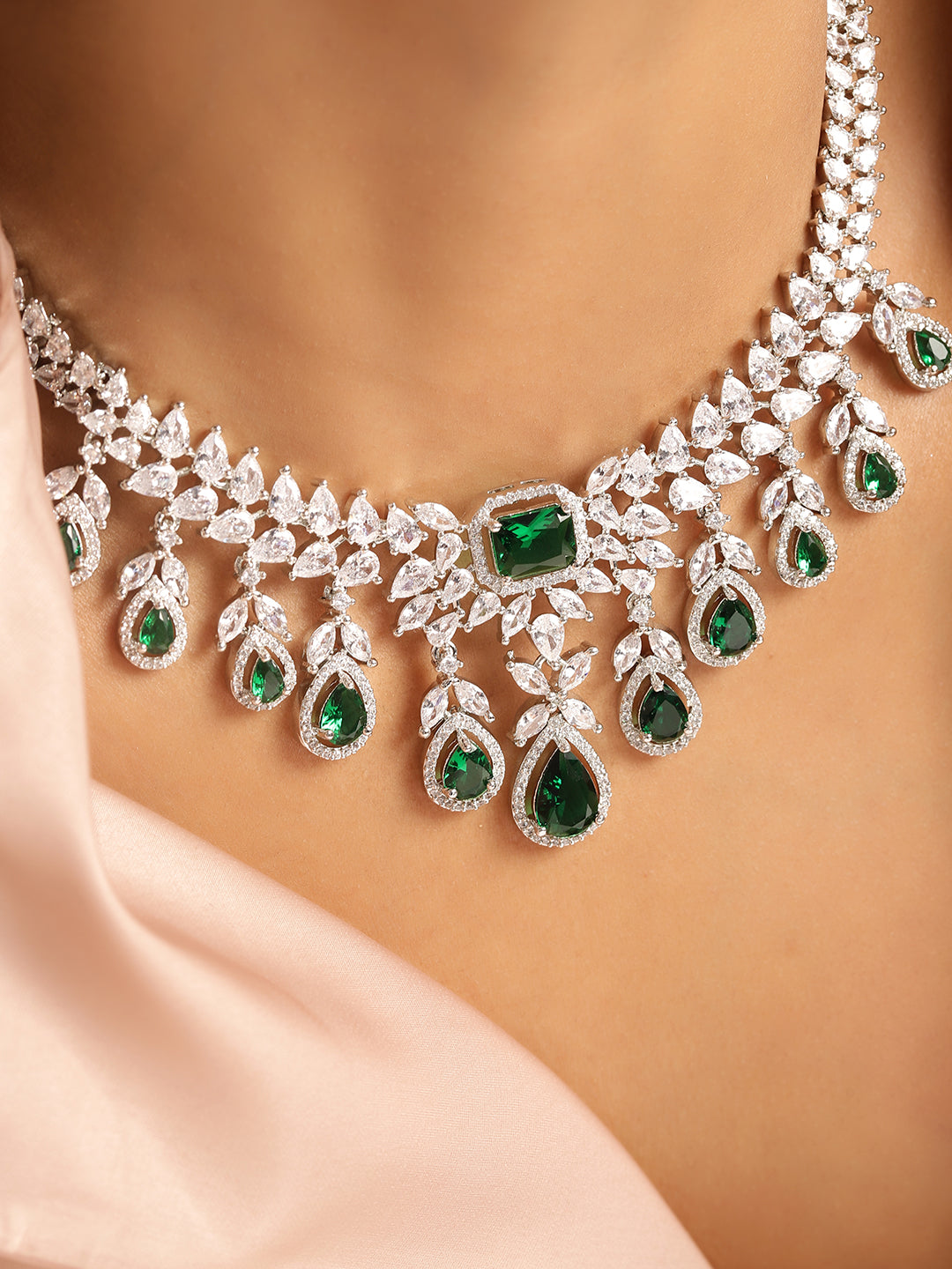 Ishin Green Colour Silver Plated American Diamond Jewellery Set