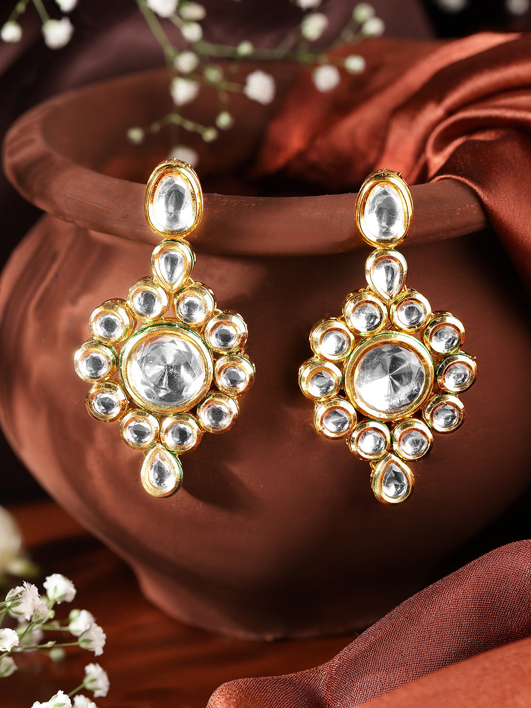 Ishin White Colour Gold plated Kundan Drop Earring