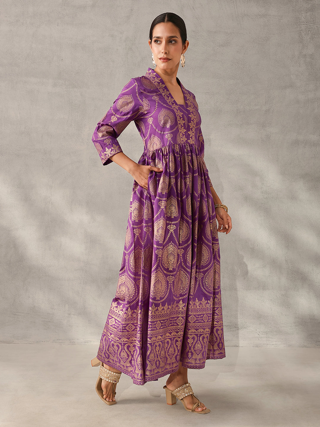 Rich Rust Purple Foil Printed Fit & Flare Kurta