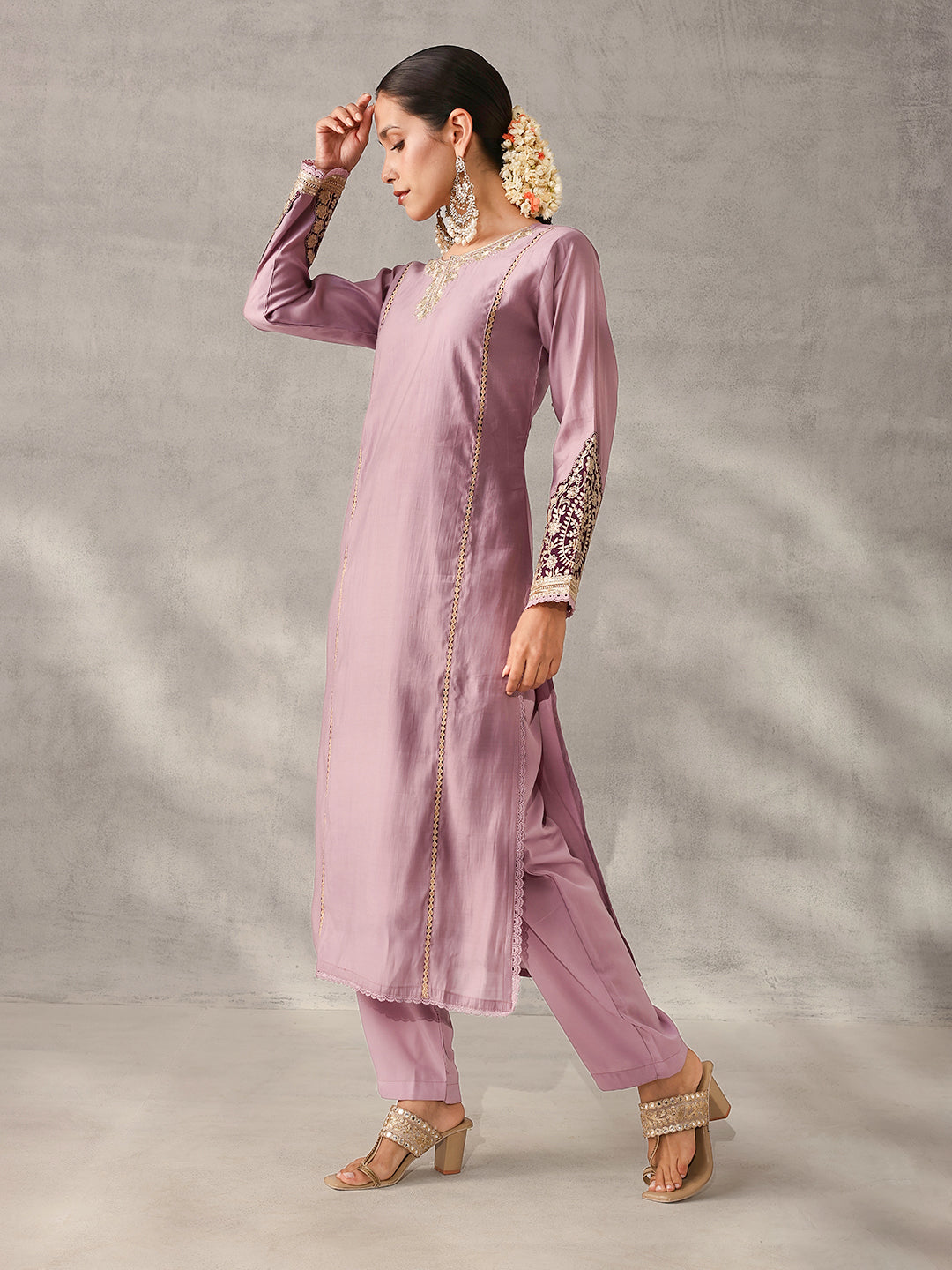 Rich Lilac Roman Silk Zari Embroidered Straight Fit Kurta Set with Dupatta