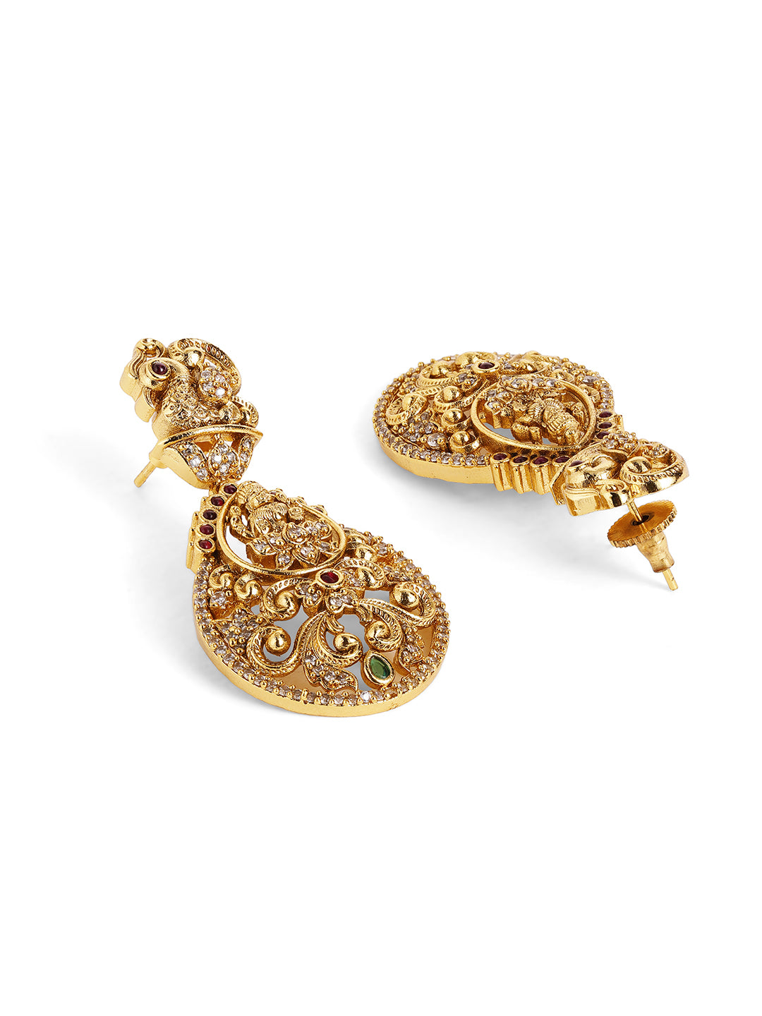 Ishin Floral Style Gold Plated AD stoned Necklace and Drop Earrings Jewellery Set