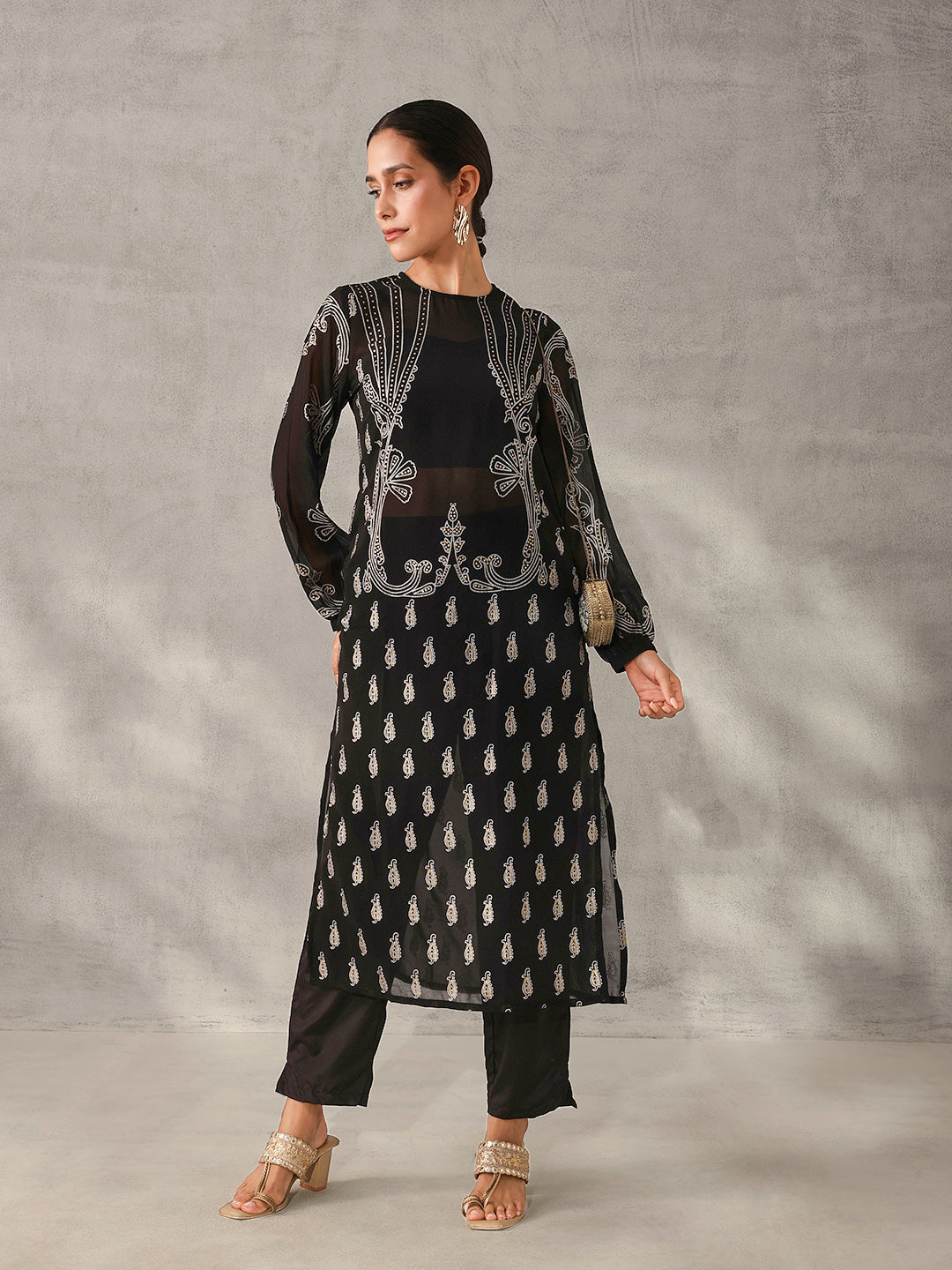 Flowy Black Crepe Foil Printed Straight Fit Kurta Set with Crop Top