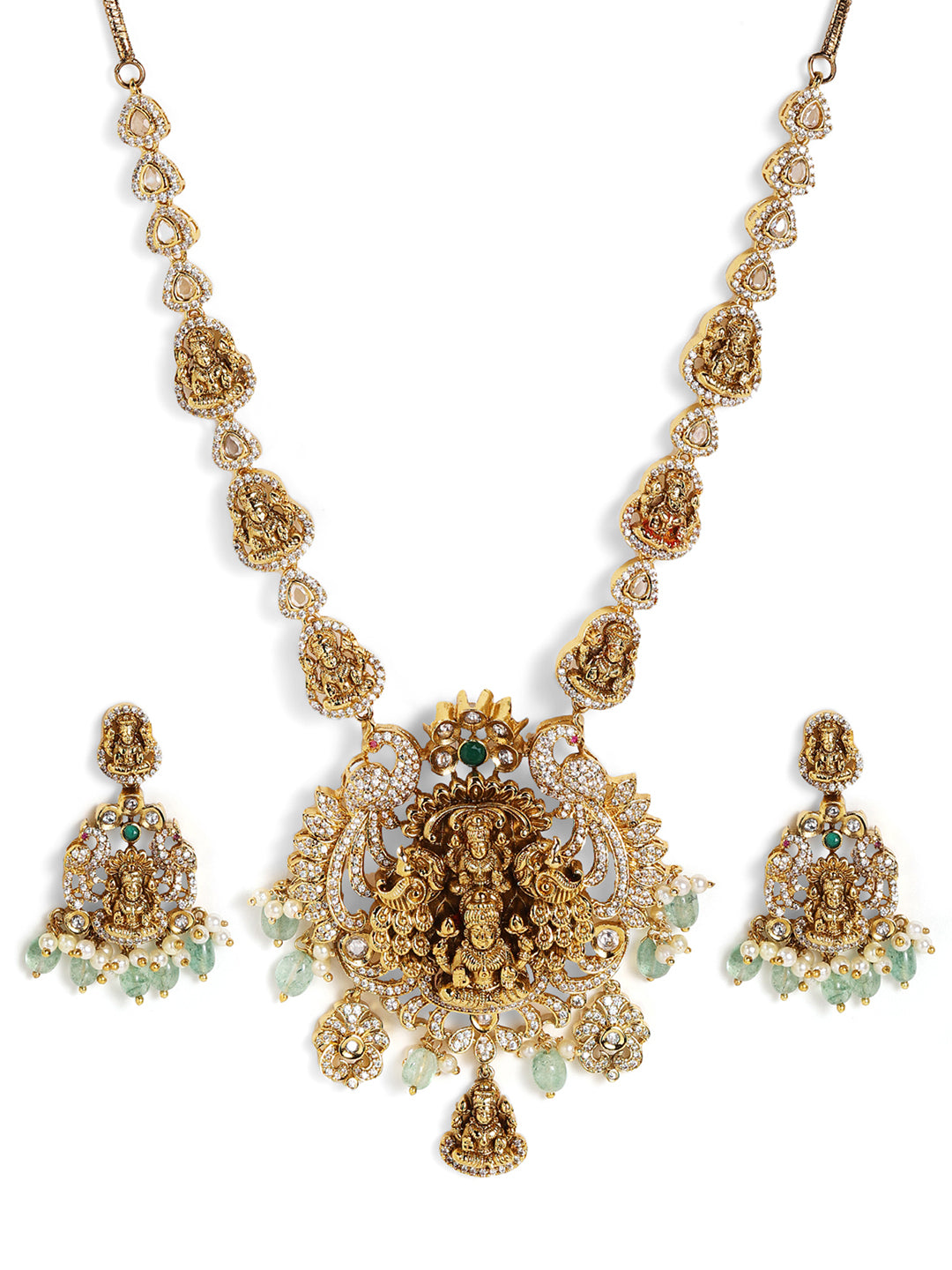 Ishin Gold Plated Goddess Elegance Pearl Haram Necklace Drop Earrings Jewellery Set