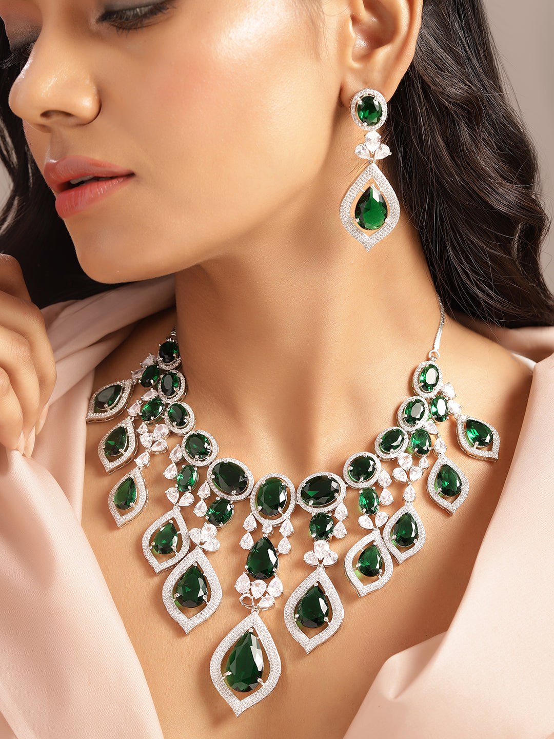 Ishin Green Colour Silver plated American Diamond Jewellery set