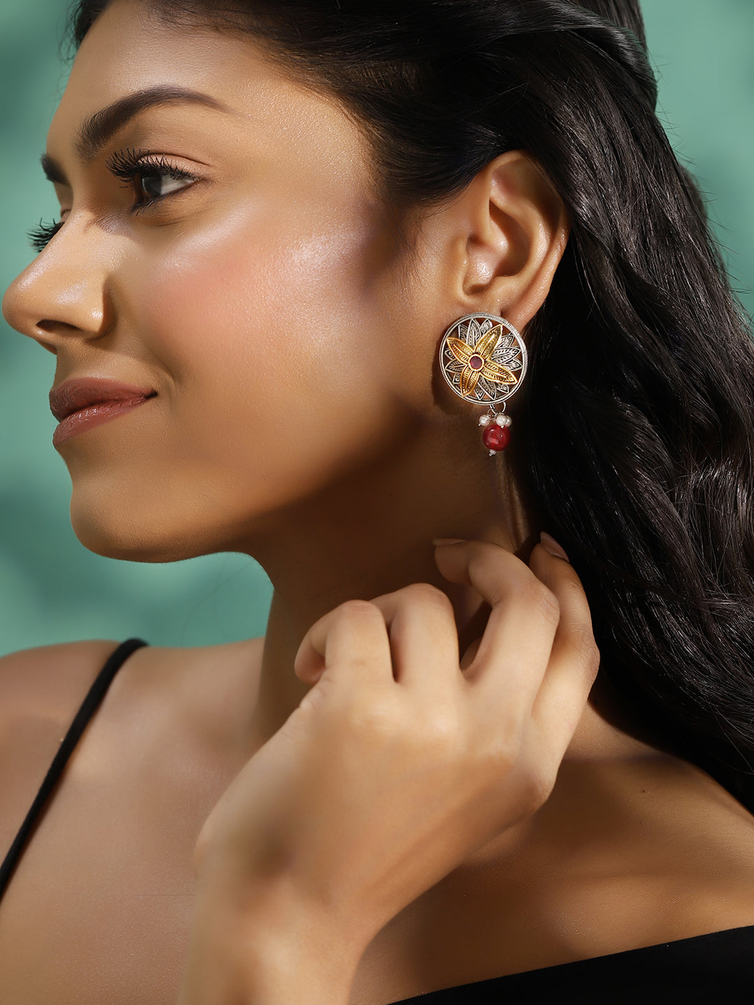 Ishin Maroon Colour Silver Plated Beads Stud Earring