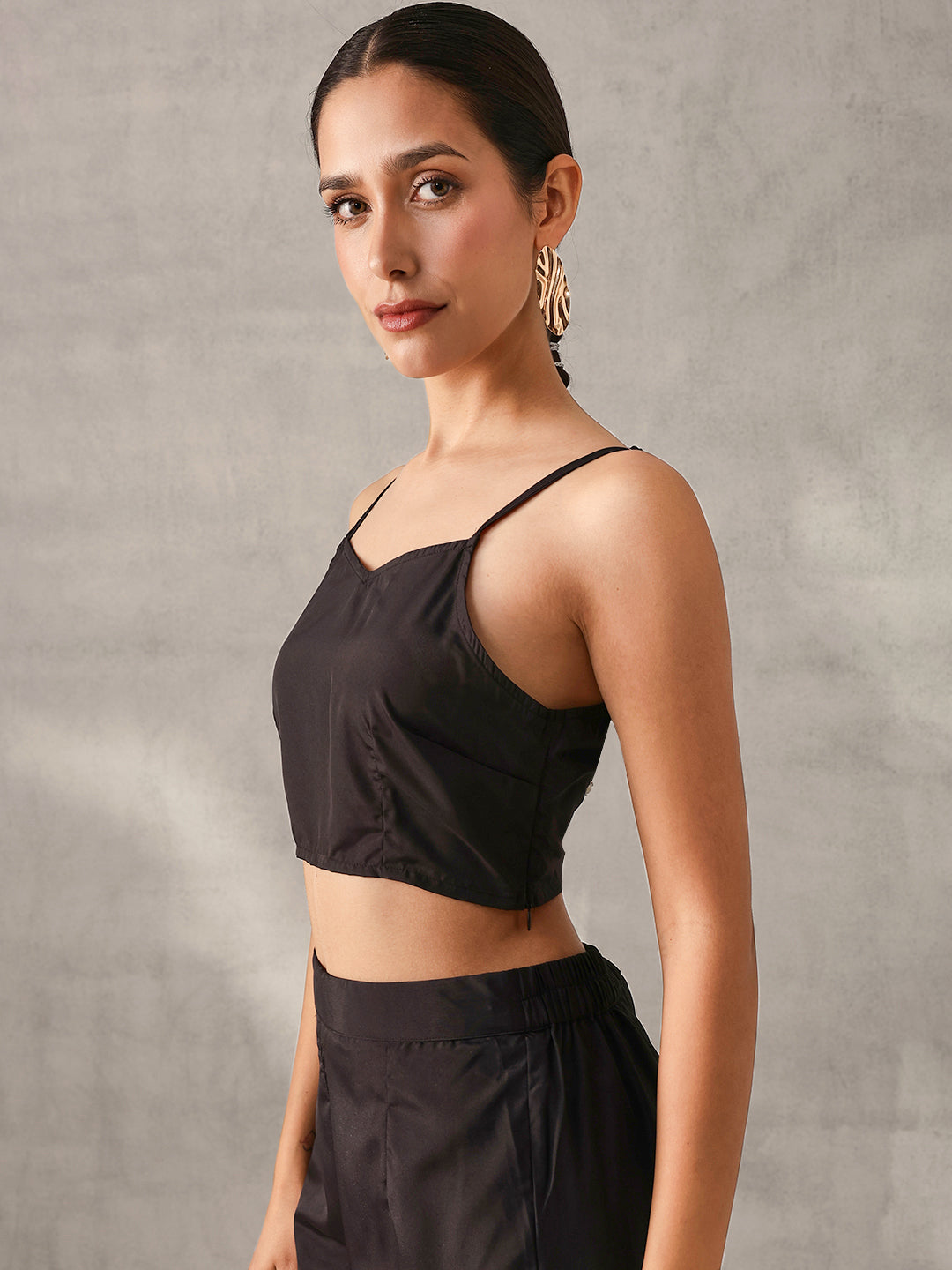 Flowy Black Crepe Foil Printed Straight Fit Kurta Set with Crop Top