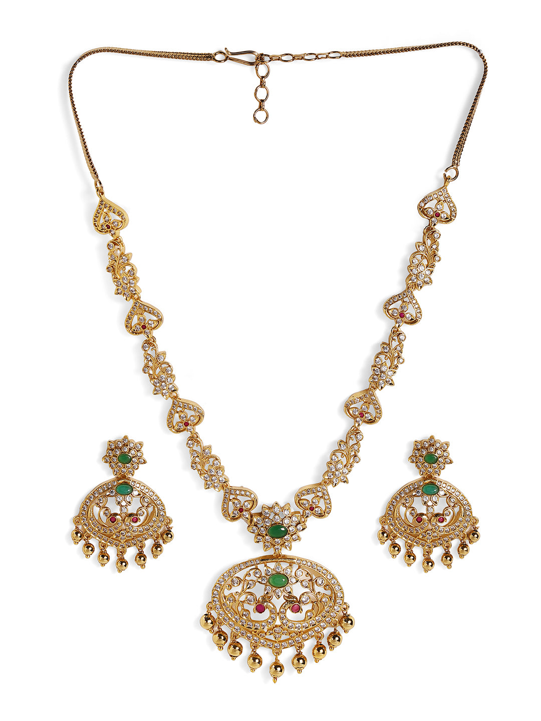 Ishin Ganesh Design Gold Plated AD Styled Necklace Drop Earrings Jewellery Set