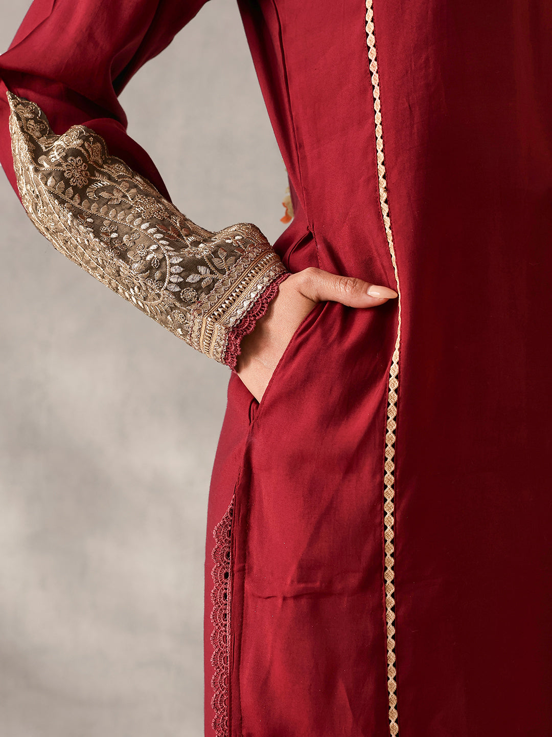 Rich Maroon Roman Silk Zari Embroidered Straight Fit Kurta Set with Dupatta