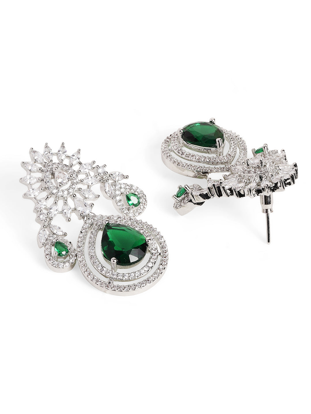 Ishin Green Colour Silver Plated American Diamond Jewellery Set