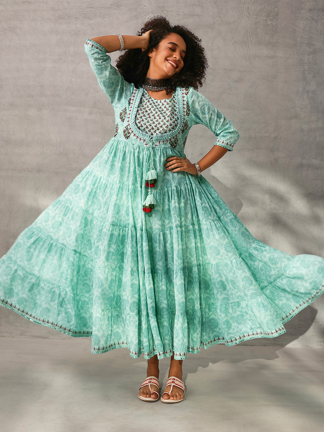 Graceful Green Cotton Printed with Embroidered Fit & Flare Gown 