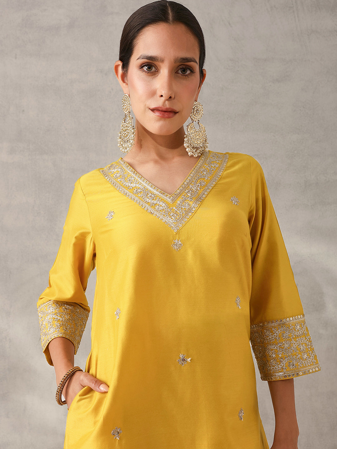 Soft Mustard Polystyrene Zari Embroidered Straight Fit Kurta Set