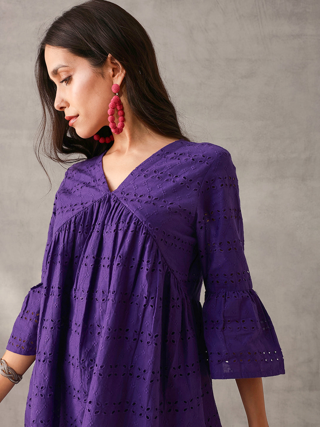 Comfy Purple Cotton Schiffli Regular Fit Top