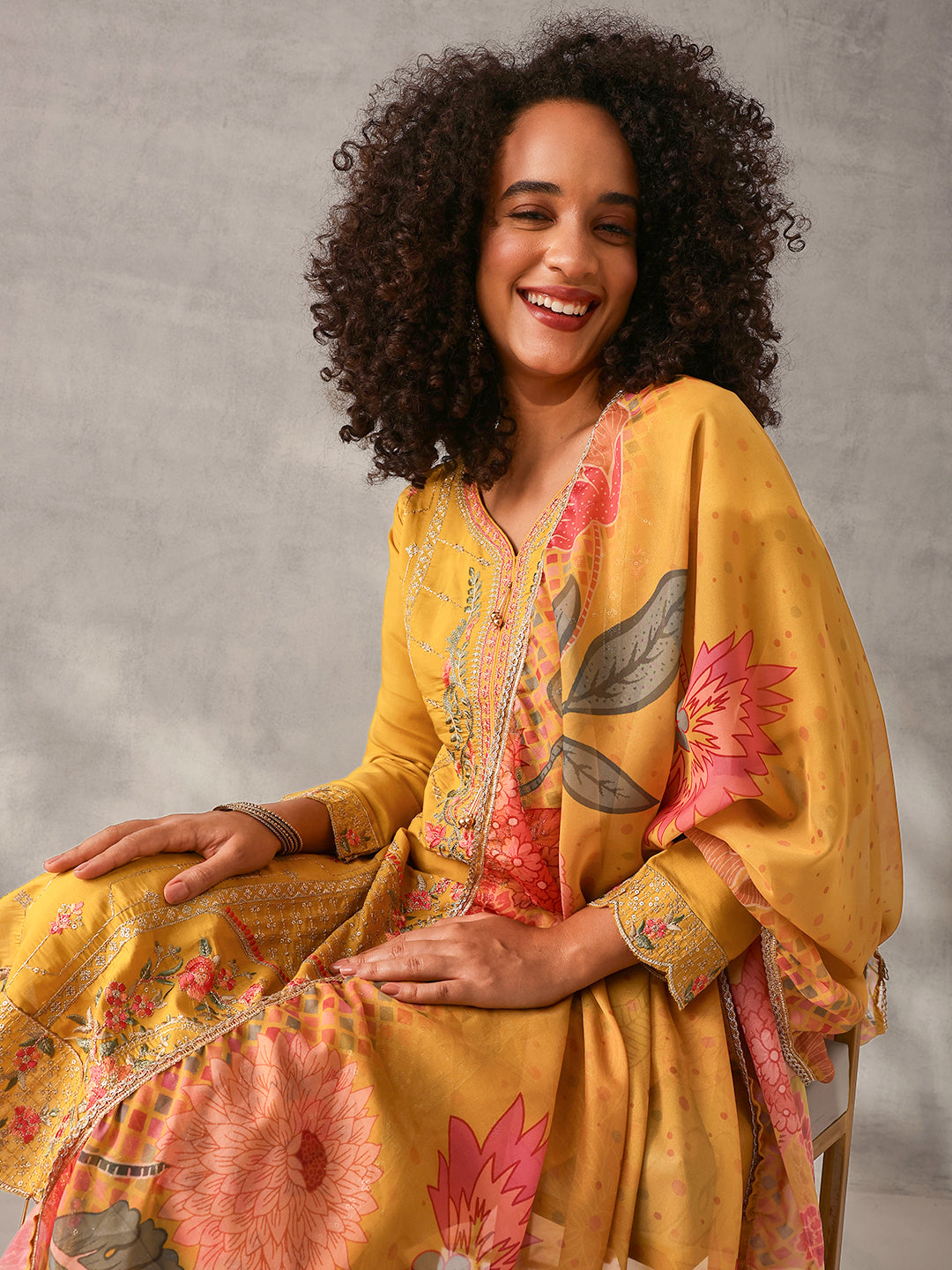 Soft Mustard Roman Silk Embroidered Straight Fit Kurta Set with Dupatta