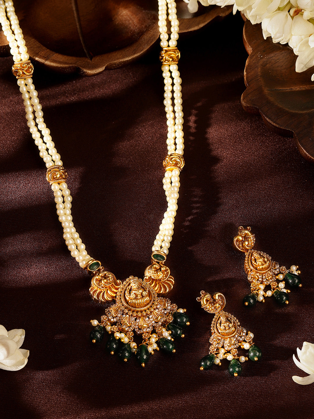 Ishin Twin Elephants Goddess Elegance Gold Plated Necklace Earrings Jewellery Set