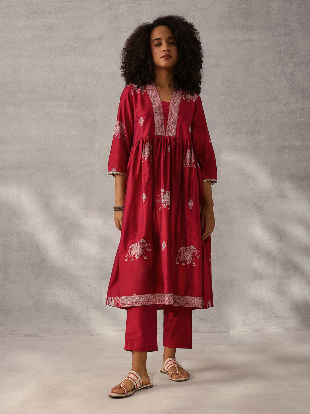 Soft Maroon Polystyrene Foil Printed Anarkali Kurta Set with Bottom