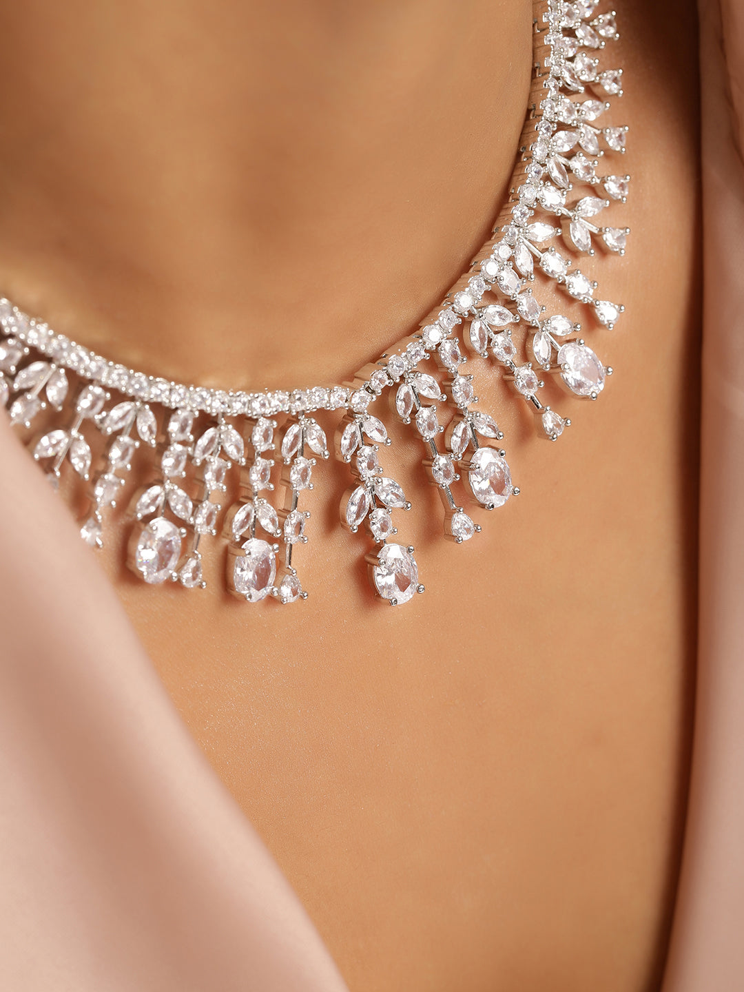 Ishin White Colour Silver Plated American Diamond Jewellery Set
