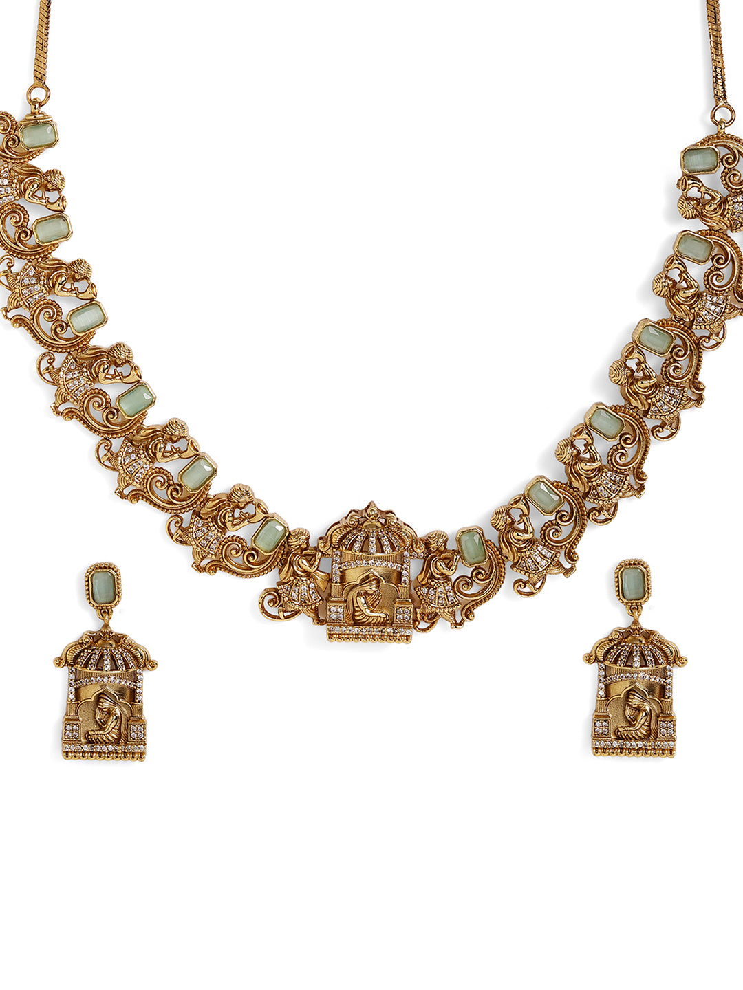 Ishin Carved Floral Design Gold Plated Necklace Drop Style Earrings Jewellery Set