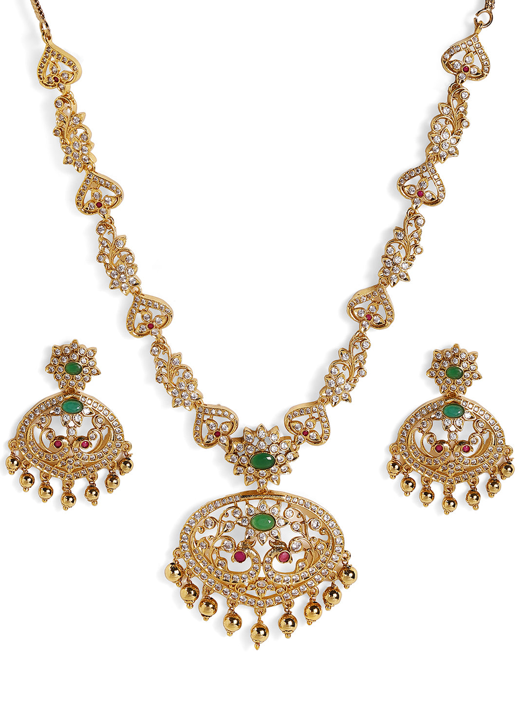 Ishin Ganesh Design Gold Plated AD Styled Necklace Drop Earrings Jewellery Set