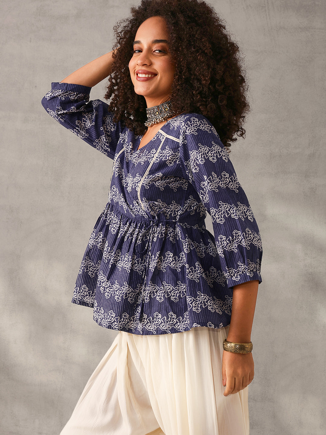Comfy Navy Blue Cotton Printed Angrakha fit Top
