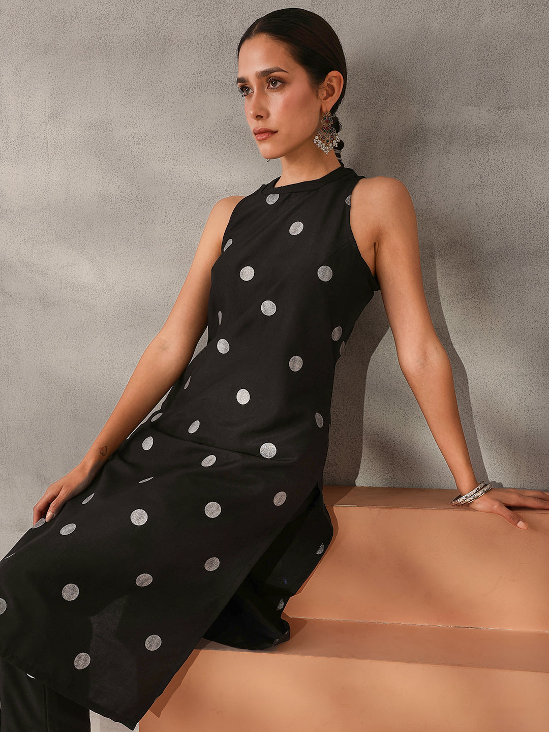 Soft Black Chinon Foil Printed Straight Fit Kurta Set