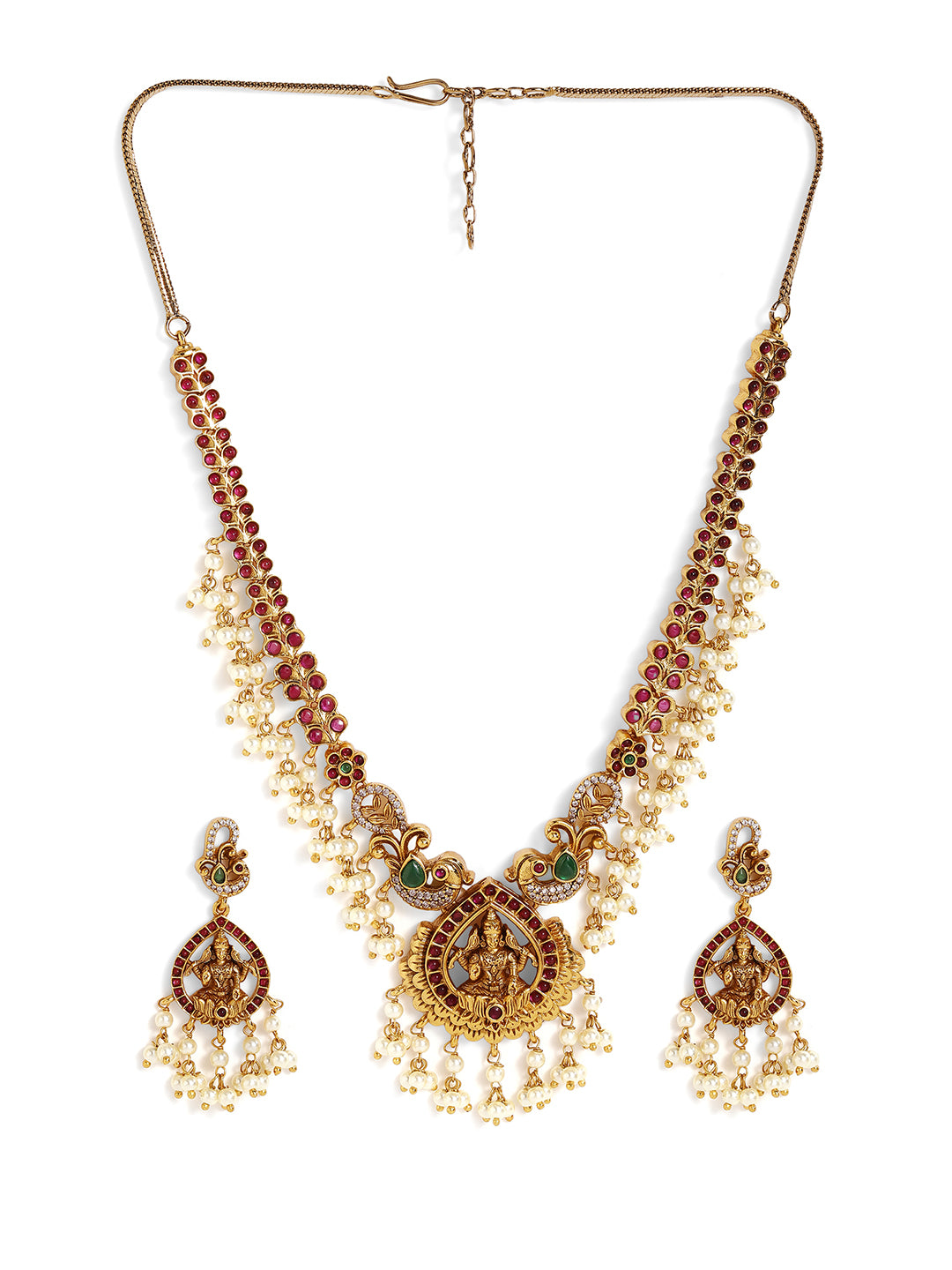 Ishin Green stoned Ethnic Elegance Gold Plated Necklace Drop Earrings Jewellery Set