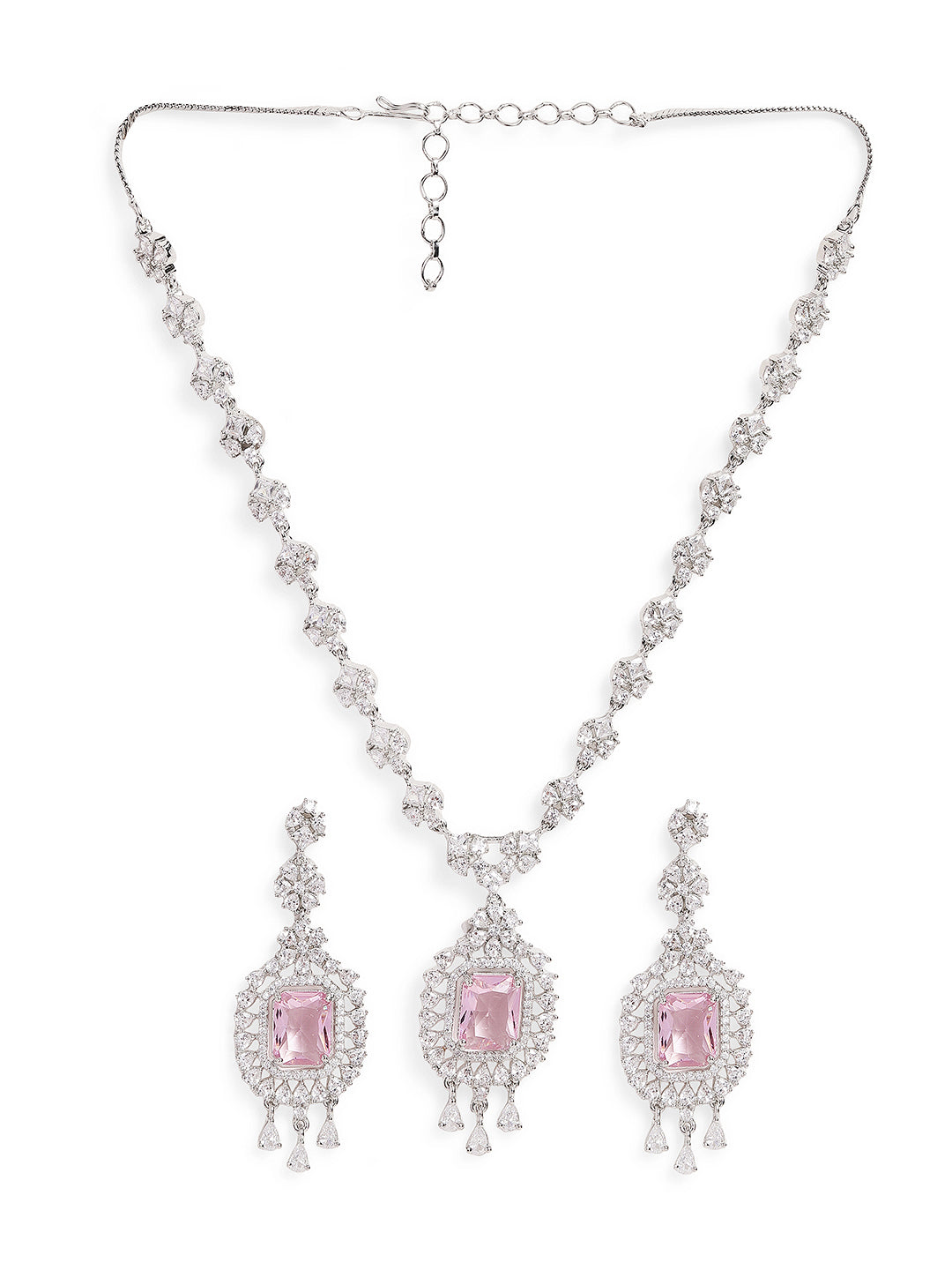 Ishin Pink Colour Silver Plated American Diamond Jewellery Set