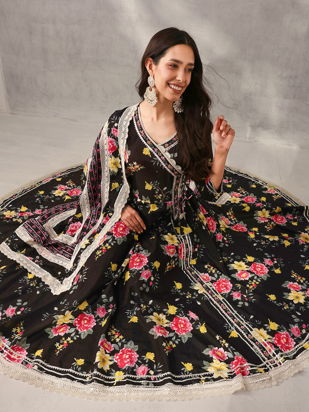 Graceful Black Cotton Floral Printed Angrakha fit Kurta Set with Dupatta