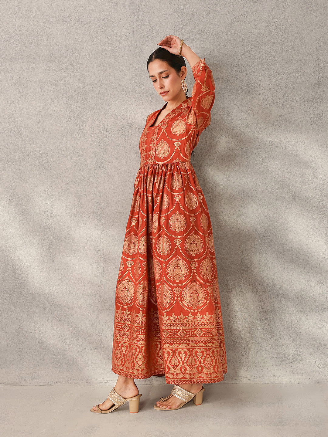 Rich Rust Chinon Foil Printed Fit & Flare Kurta