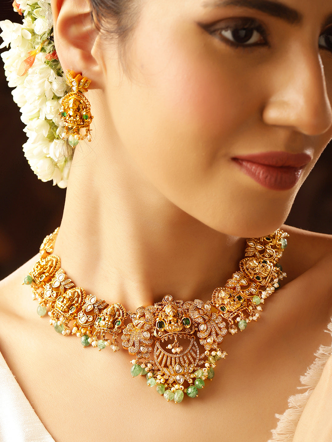 Ishin Floral Pattern Gold Plated Elegance Goddesss Lakshmi Jewellery Set