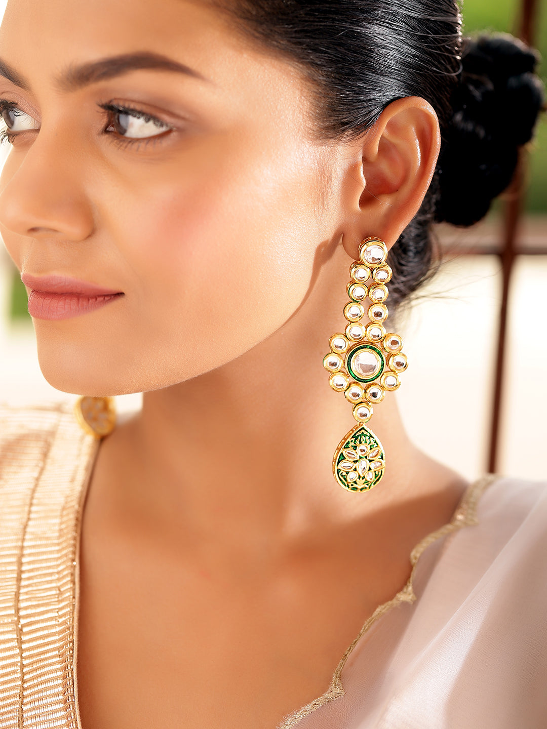 Ishin White Colour Gold plated Kundan Drop Earring