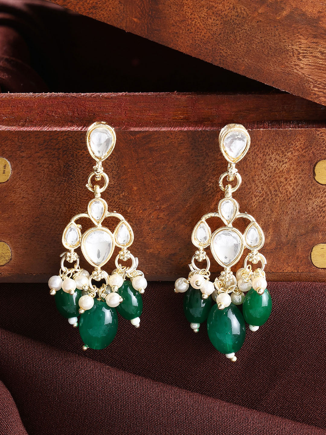 Ishin Plain Kundan Gold Plated Green Beads Pushback Drop Earrings