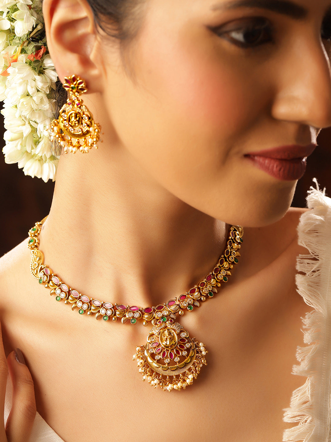 Ishin Goddess Elegance Mint Stoned Gold Plated Necklace and Stud Earrings Jewellery Set