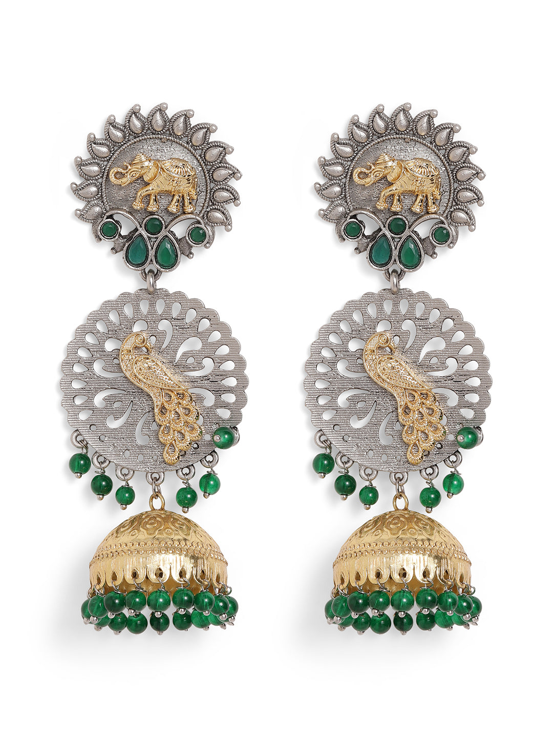 Ishin Green Colour Silver Plated Jhumka Earring